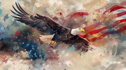 Majestic bald eagle soars high above the American flag with a patriotic color palette in a painterly digital art style.