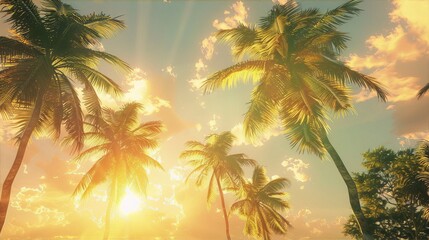 Sun rays filtering through the green leaves of tall palm trees against a bright sky in summer, evoking a tropical paradise and inviting viewers to experience its warmth and beauty.
