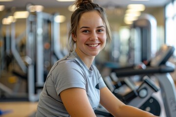 Obraz premium A female sports teacher smiling while pedaling on a stationary exercise bike at the fitness center
