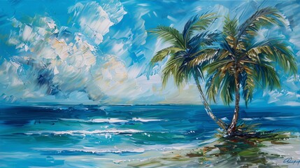 Fototapeta na wymiar **Palm trees on a beach with turquoise water and a bright blue sky in an impressionist style.**