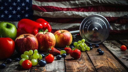 Still life of healthy food ingredients and a dumbbell on a wooden table with an American flag in the background
