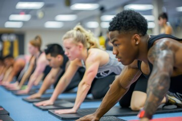 A group of focused individuals are performing push-ups in a gym during a fitness class
