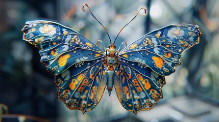 Blue and orange detailed butterfly with a steampunk style