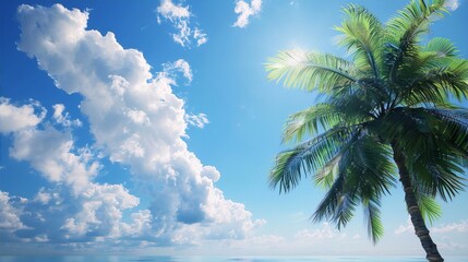 Coconut tree and blue sky convey the idea of summer, vacation, and relaxation, with bright and saturated colors, in a realistic style, and an outdoor setting, part of the surrealism art movement