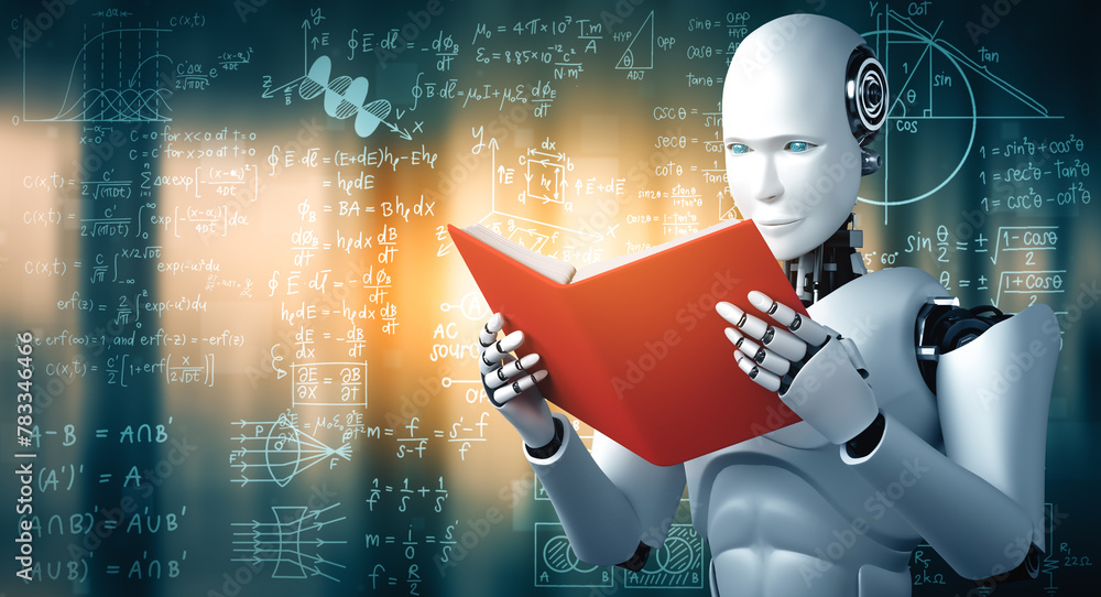 Poster xai 3d illustration 3d illustration of robot humanoid reading book and solving math data analytics i