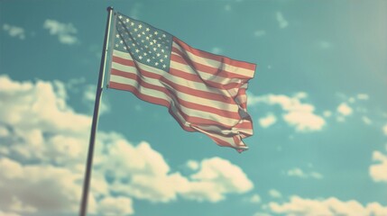 A waving American flag against a blue sky with white clouds in the background, conveying a sense of patriotism and national pride in a realistic painting style.