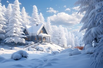 A snowy day's charm-a fairy-tale house stands surrounded by snow-laden trees in a winter wonderland. - obrazy, fototapety, plakaty