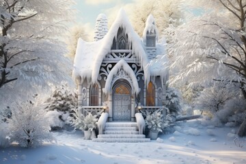 Daytime charm in a winter scene-snow blankets the landscape, embracing a fairy-tale house among snowy trees.