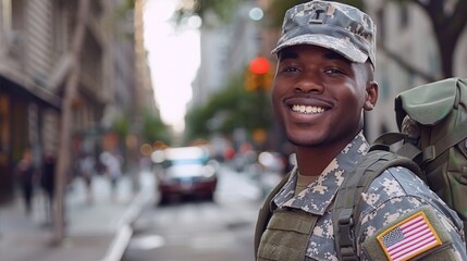 African-American soldier in uniform smiling at the camera with pride and happiness in the background of an urban city street