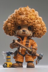 A 3D rendering of a cute and fluffy dog wearing a curly wig, holding a hammer and chisel, with a drill beside it, in a surreal and whimsical style.