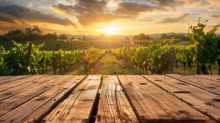 Wooden table overlooking a beautiful sunset over a vineyard