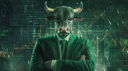 A green bull wearing a suit stands in front of a green circuit board with a serious expression.
