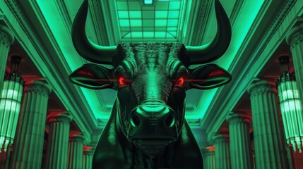 A green and red glowing bull sculpture stands in a green and red glowing hall, representing strength, power, and prosperity.