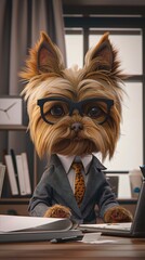 A Yorkshire Terrier wearing a suit and glasses sits at a desk in an office, looking directly at the viewer with a serious expression.