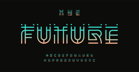 Futuristic abstract alphabet, techno hieroglyph aesthetic font, linear geometric letters for cyber digital branding, linear geometry typeset, creative contemporary typographic design. Vector typeset