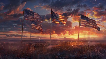 american flags, sunset, stormy sky, patriotism