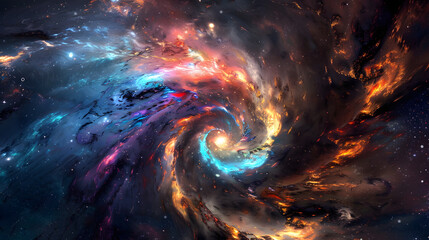 Spiral galaxy in the universe, colorful illustration in red, blue, purple, orange