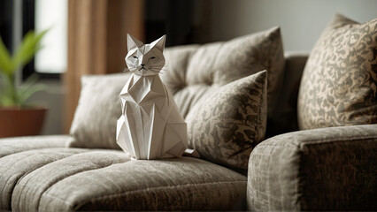 Adorable origami paper cat with sleepy eyes standing on couch at home. Children's book illustration.