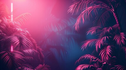 Illustration of a tropical background in neon light in retro style - obrazy, fototapety, plakaty