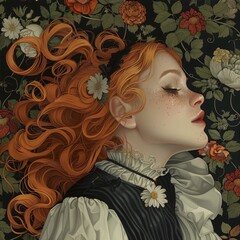 An illustration of a redhead woman sleeping in a garden with flowers and plants in the background in a Pre-Raphaelite style.