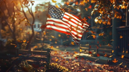 An American flag gently waving in a gentle breeze against a backdrop of falling autumn leaves in warm hues of red, orange, and yellow.