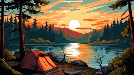 Nature's embrace: an artful drawing showcasing a tent pitched near the water at sunset.