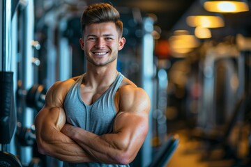 Muscular man with arms crossed, posing confidently in a gym setting - obrazy, fototapety, plakaty
