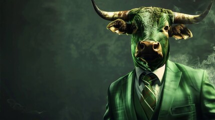 A green-skinned businessman with a bull's head in a suit and tie, conveying seriousness and power, digital art, dark green background, photorealism, surrealism, 2023. - obrazy, fototapety, plakaty