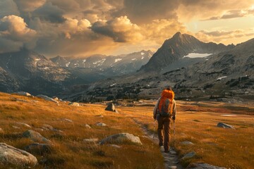 A man with a backpack is hiking up a trail in the mountains, surrounded by nature - obrazy, fototapety, plakaty