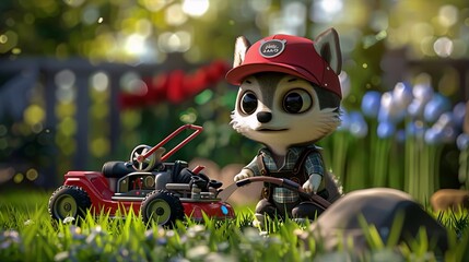 Little red riding hood cutting grass in a field of flowers with a lawnmower