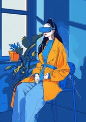 Young woman wearing virtual reality headset sitting in a chair in front of a window deep in thought, flat colors, digital art, pop art, blue, orange.
