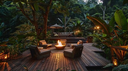 Tranquil seating area with a fire pit on a wooden deck in a lush tropical jungle with a focus on sustainability and natural materials.