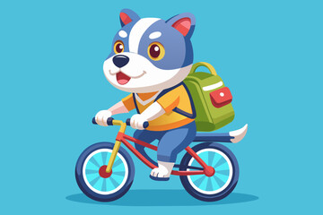 cutest anthropomorphic Pitbull as a happy kindergarten kid riding her bike with a backpack vector 