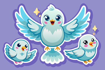 Set of stickers with cute dove cubs, funny icons, all doves individually, vector