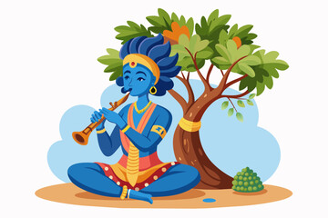 Hindu god Krishna sitting under a tall tree  with flute on an isolated white background