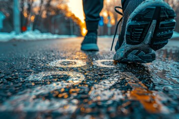 A close-up view of a persons running shoes on a wet road, showcasing the start of a new years fitness journey and commitment to success - obrazy, fototapety, plakaty