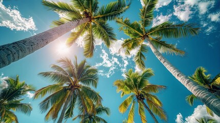 Blue sky and green palm trees from below bright summer day tropical beach