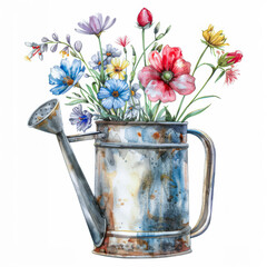 Colorful Spring Blooms in Vintage Watering Can Illustration - 783347247