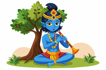 Hindu god Krishna sitting under a tall tree  with flute on an isolated white background