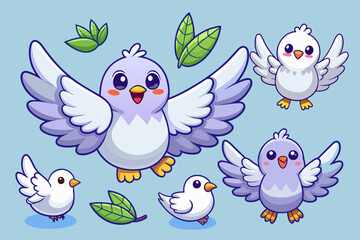 Set of stickers with cute dove cubs, funny icons, all doves individually, vector