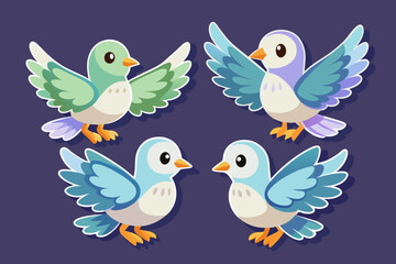 Set of stickers with cute dove cubs, funny icons, all doves individually, vector