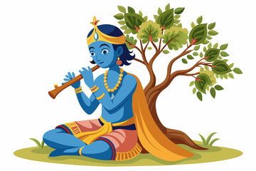 Hindu god Krishna sitting under a tall tree  with flute on an isolated white background