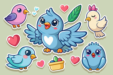 Set of stickers with cute dove cubs, funny icons, all doves individually, vector