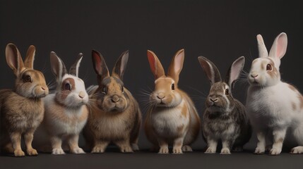 Studio shot of six rabbits of different breeds standing in a row against a dark background