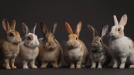 Fotobehang Studio shot of six rabbits of different breeds standing in a row against a dark background © sidatallah