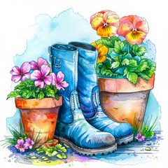 Artistic Illustrated Gardening Boots with Spring Flowers Concept - 783347286