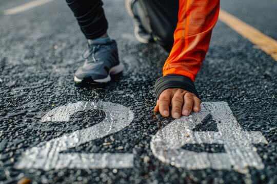 Male runner touching the ground in preparation for a race, with New year concept beginning of success text on asphalt road