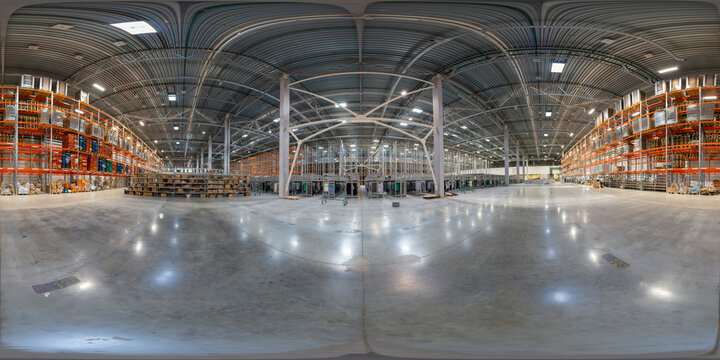 360 degree panorama inside logistics warehouse. Full equirectangular projection for virtual reality or VR.