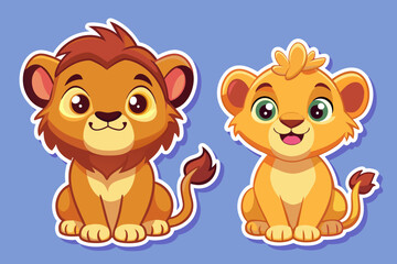 Set of stickers with cute lion cubs, funny icons, all lions individually, vector