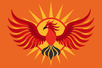 Stylized minimalist flaming phoenix bird wing and head in front of sun disk with sun rays, curved red flaming wings